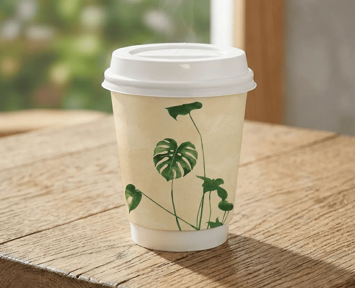 Eco-friendly takeaway coffee cup with custom leaf design and lid